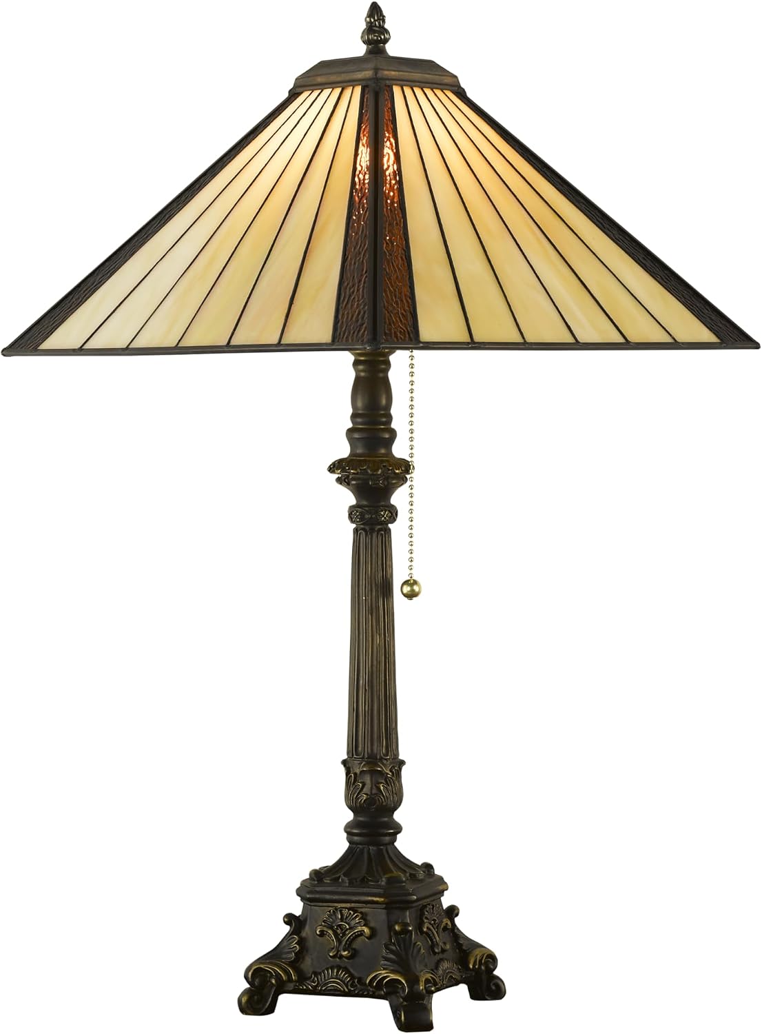 Tiffany Table Lamps Yellow Brown Stained Glass Striped Checkered Style Mission Desk Lamp 12X12X24 Inch Bronze Resin Base