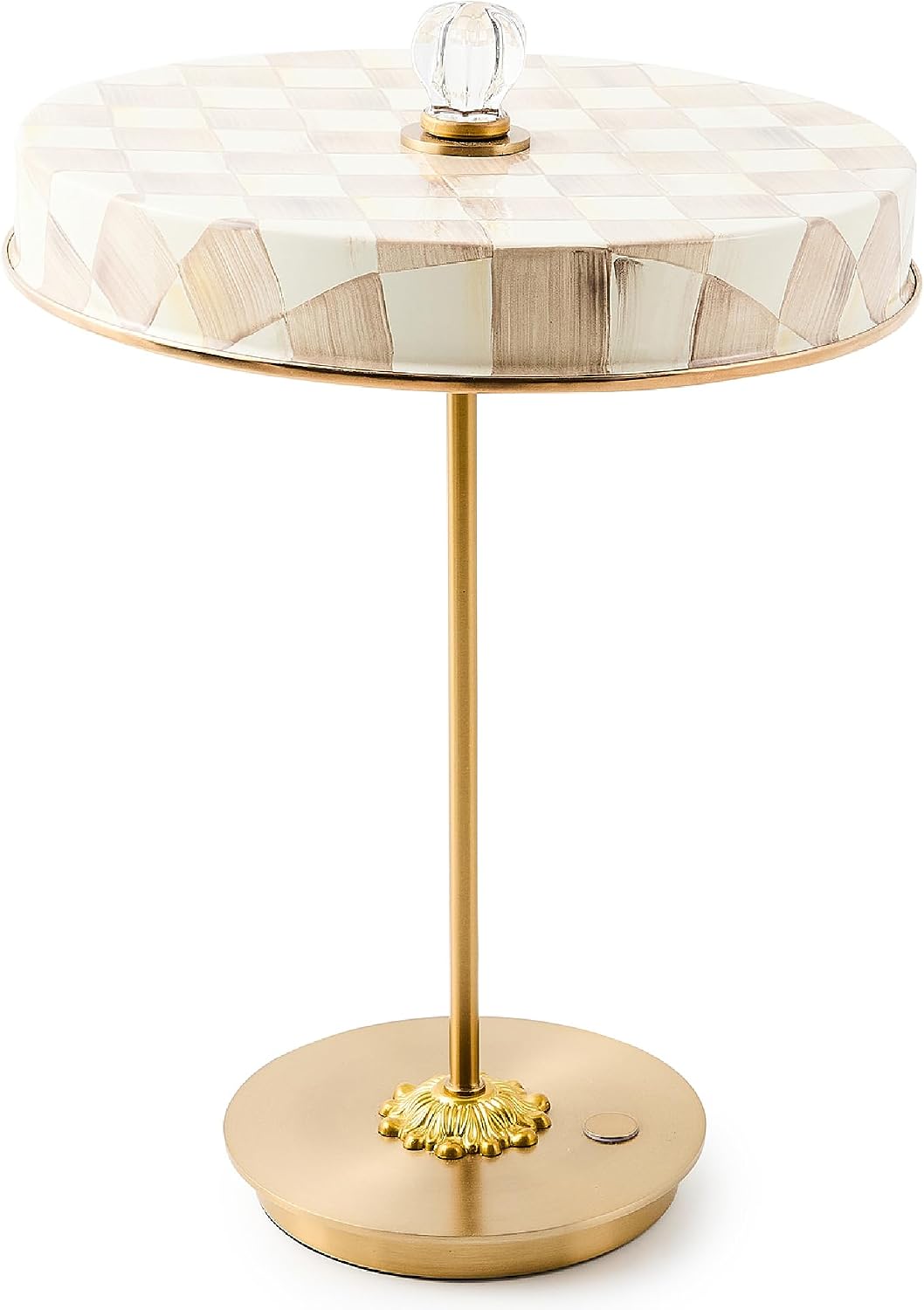 MACKENZIE-CHILDS LED Rechargeable Disk Table Lamp, Cordless Touch Lamp, Brown-and-White Mocha Check