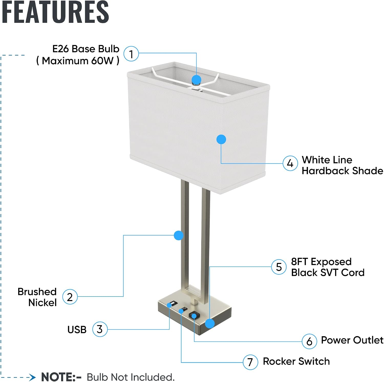 LEDMyPlace 28' Bedside Table Lamp w/ USB Port, On/Off Switch—E26 Lamp Holder—Brushed Nickel Finish & Fabric Linen Shade—Nightstand, Desk Lamp for Bedroom, Living Room, Office, Hotel Room—14'Wx28'Hx7'D