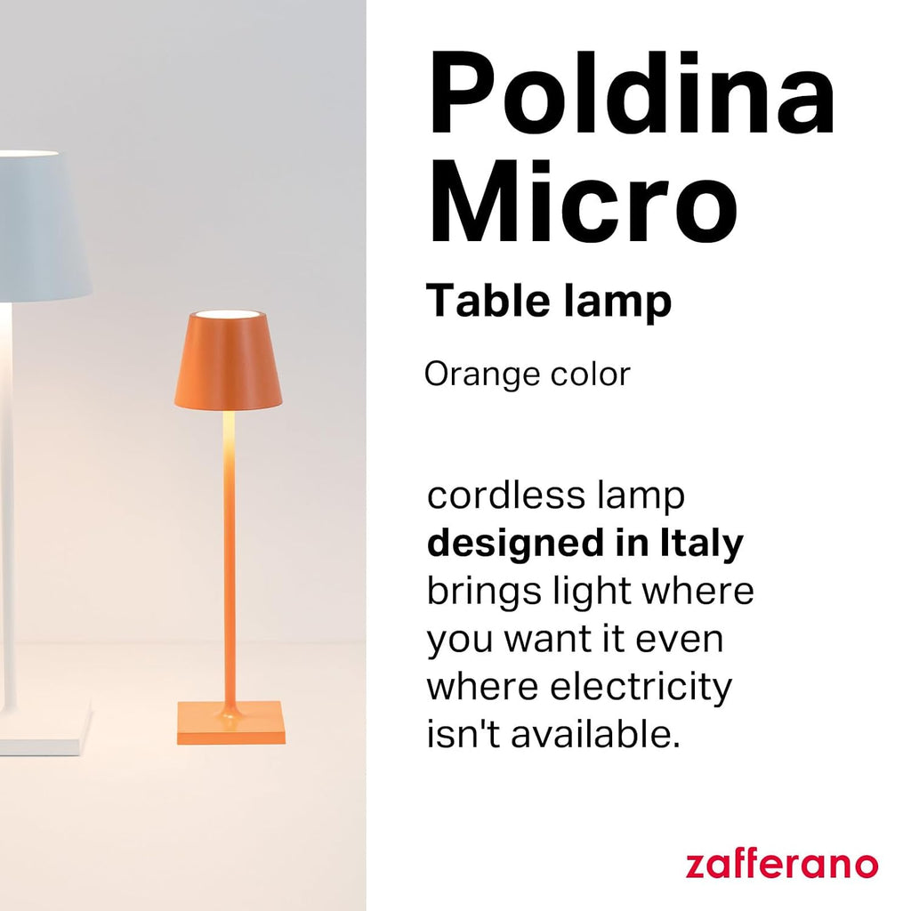 Zafferano, Poldina Micro Lamp, Rechargeable Cordless Table Lamp with Touch Controls, Suitable for Indoor and Outdoor, Dimmer, 2200-3000 K, Height 10.8 Inches, Orange Color