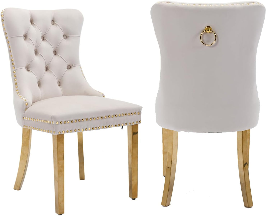 2 Piece Contemporary Velvet Upholstered Dining Chair with Chrome Stainless Steel Plating Legs, Nail Head Decro, Armless Tufted Dining Chair Fabric Dining Room Chair (Beige&Gold, Set of 2)