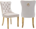 2 Piece Contemporary Velvet Upholstered Dining Chair with Chrome Stainless Steel Plating Legs, Nail Head Decro, Armless Tufted Dining Chair Fabric Dining Room Chair (Beige&Gold, Set of 2)