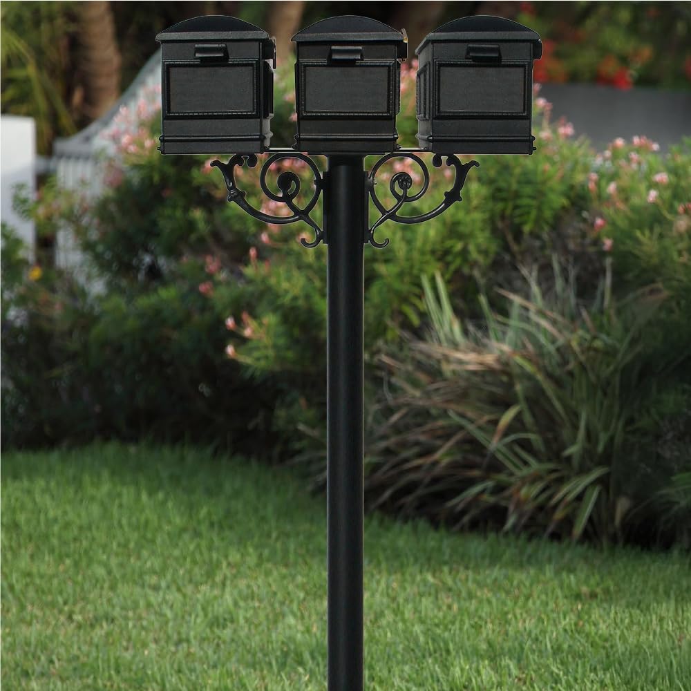 The Hanford Cast Aluminum Mailbox Post System Triple Post with 3 Lewiston Mailboxes, Mounting Brackets and Scroll Supports, Ships in 2 boxes
