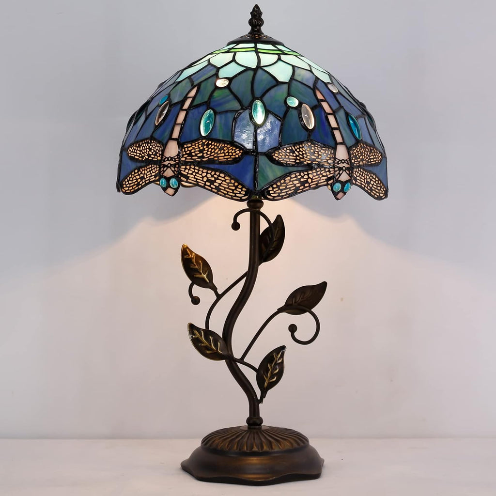 Tiffany Lamp Blue Dragonfly Style Stained Glass Table Lamp Desk Bedside Reading Light 12X12X19 Inches with Metal Leaf Base Decor Bedroom Living Room