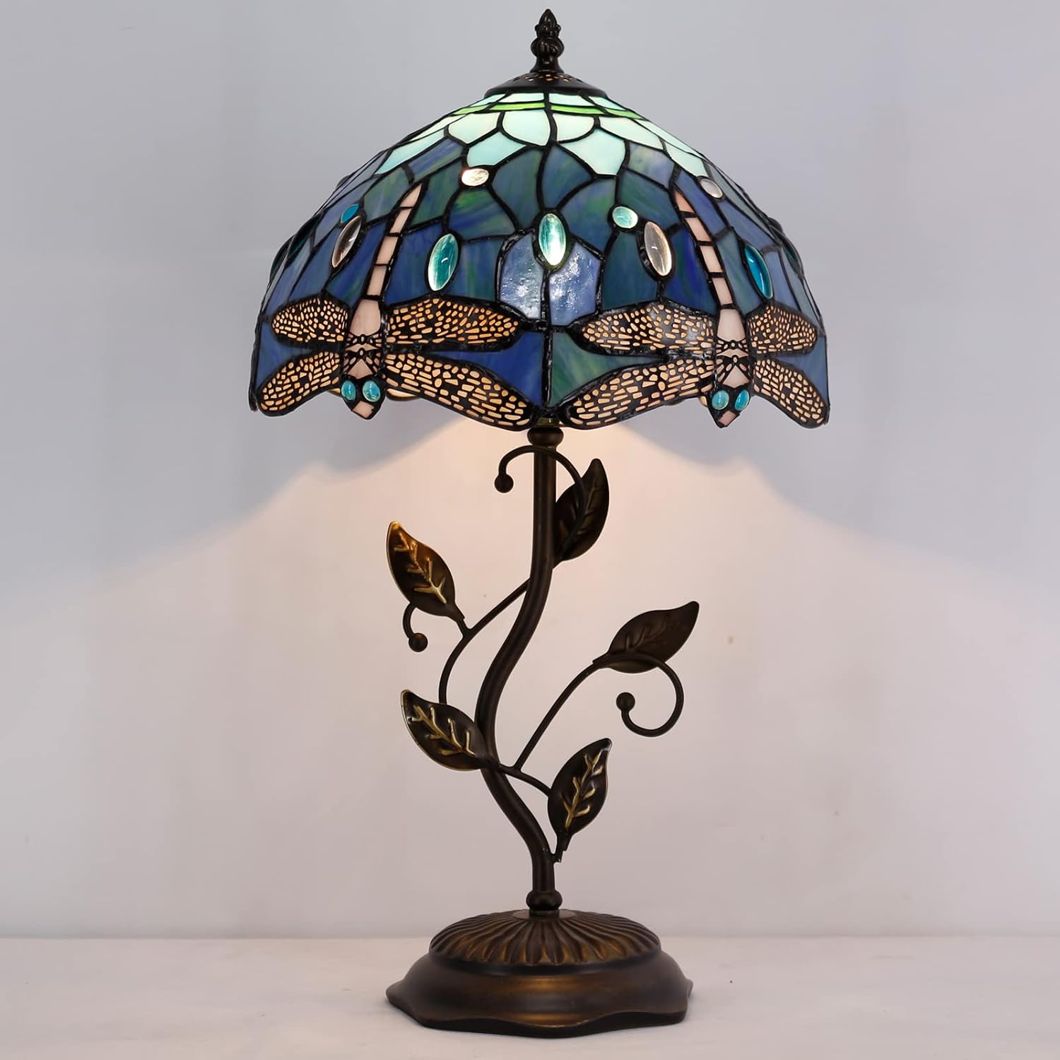 Tiffany Lamp Blue Dragonfly Style Stained Glass Table Lamp Desk Bedside Reading Light 12X12X19 Inches with Metal Leaf Base Decor Bedroom Living Room