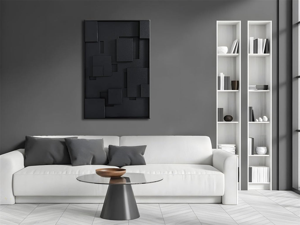 Slyart 3D Black Geometric Textured Plaster Wall Art, Handmade Contemporary Art Abstract Relief Painting, Framed Thick Texture Vertical Wall Art 24x36 Inch