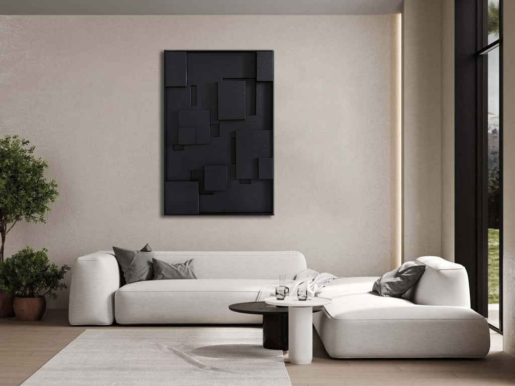 Slyart 3D Black Geometric Textured Plaster Wall Art, Handmade Contemporary Art Abstract Relief Painting, Framed Thick Texture Vertical Wall Art 24x36 Inch