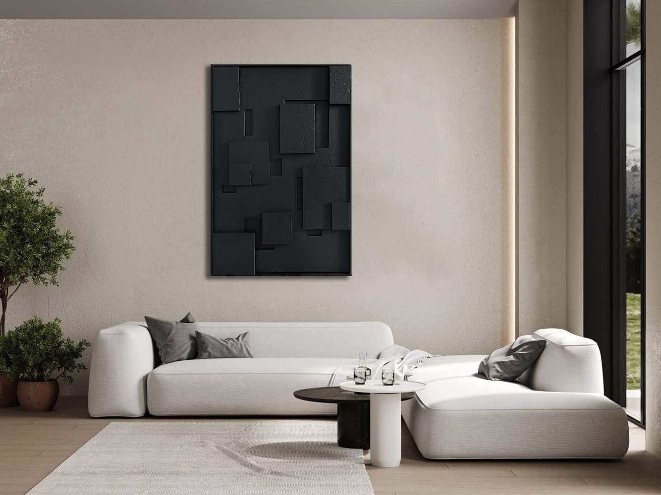 Slyart 3D Black Geometric Textured Plaster Wall Art, Handmade Contemporary Art Abstract Relief Painting, Framed Thick Texture Vertical Wall Art 24x36 Inch