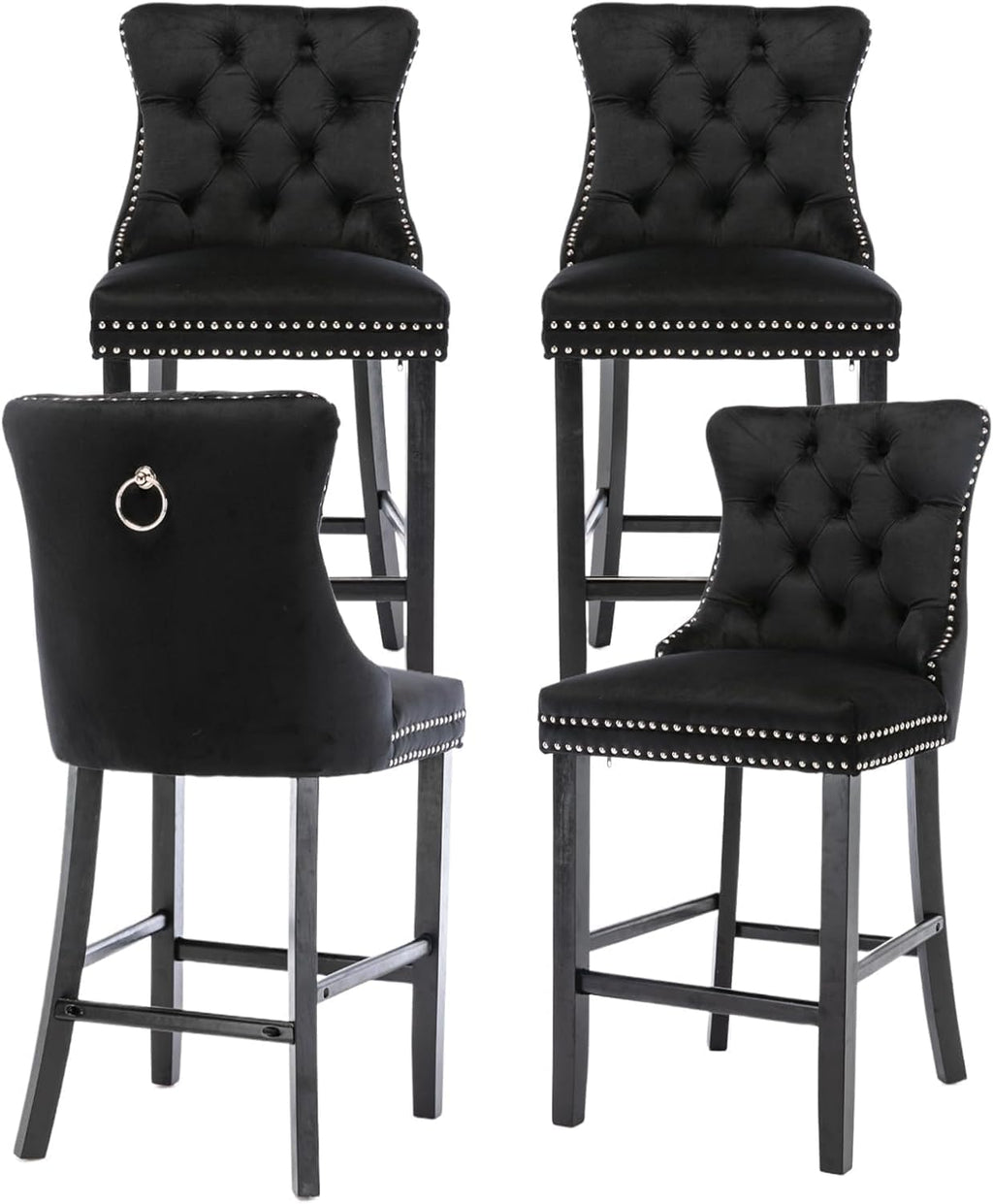 Elegant Black Velvet Bar Stools Set of 4,Delicate Upholstered Counter Height Barstool with Backrest,Wooden Legs Design for Kitchen Islands & Pubs（Black