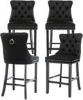 Elegant Black Velvet Bar Stools Set of 4,Delicate Upholstered Counter Height Barstool with Backrest,Wooden Legs Design for Kitchen Islands & Pubs（Black