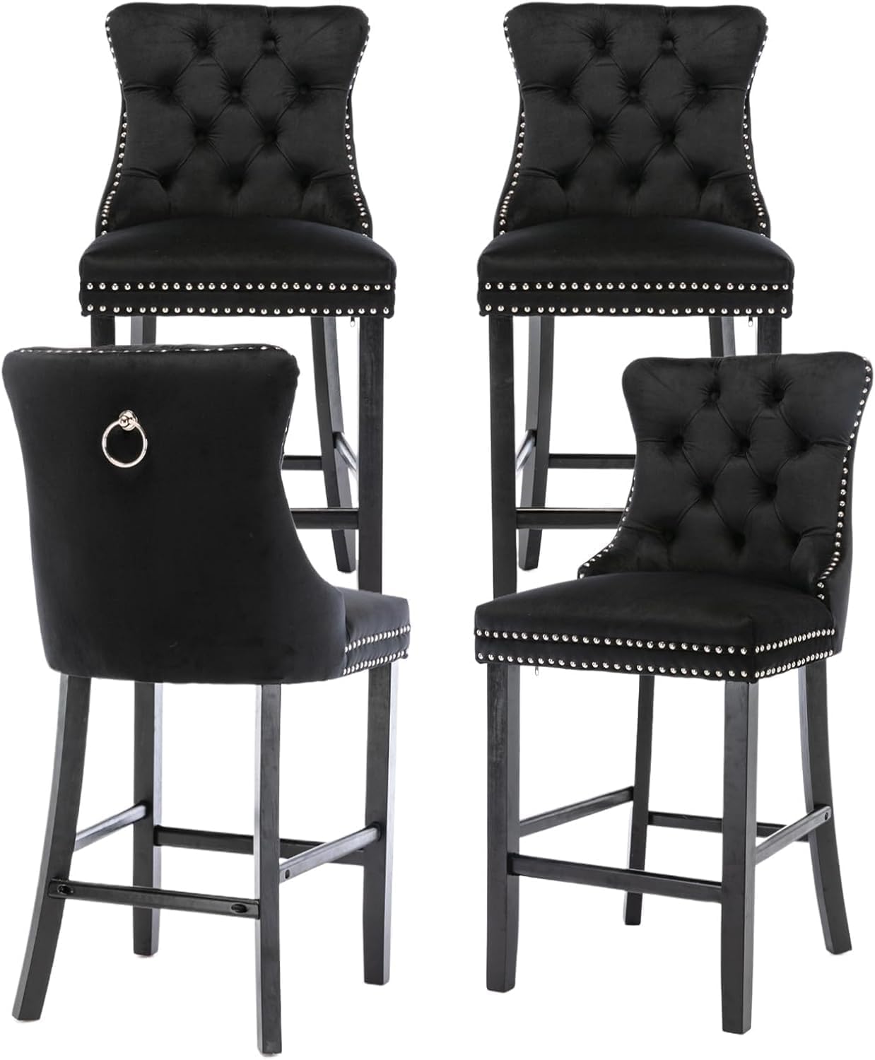 Elegant Black Velvet Bar Stools Set of 4,Delicate Upholstered Counter Height Barstool with Backrest,Wooden Legs Design for Kitchen Islands & Pubs（Black