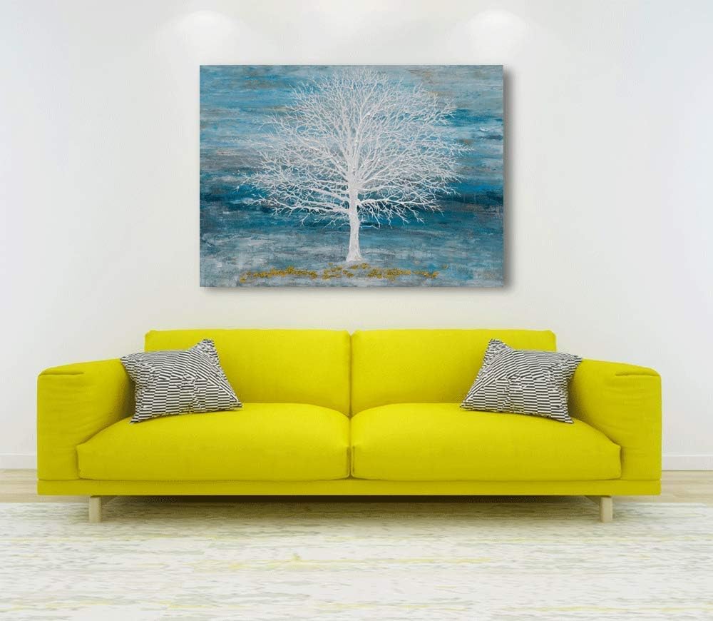 Yihui Arts Canvas Art Wall Decor, White Birch Trees Landscape Picture Painting, Modern Nature Teal Artwork Prints, Large Size Framed for Home Decor