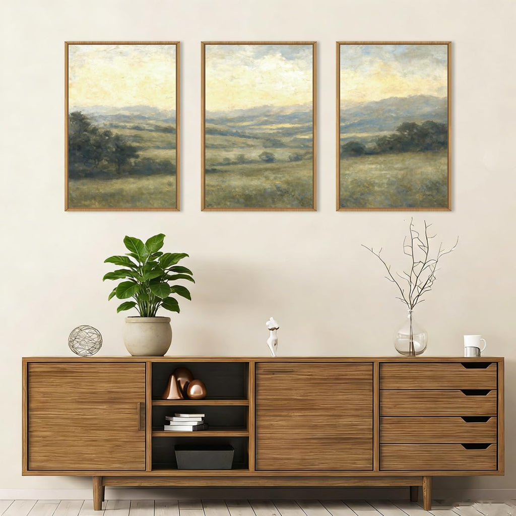 Large Vintage Green Grey Landscape Framed Canvas Wall Art Set,Abstract Rustic Countryside Forest Wall Decor,Retro Oil Painting Wilderness Artwork for Living Room,Bedroom,Farmhouse-24 x36 x3