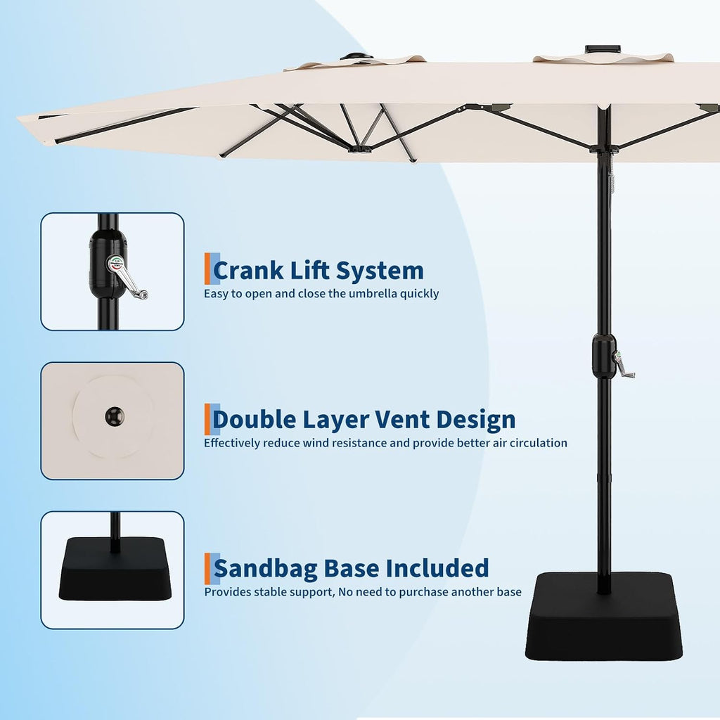 Garvee 15 ft Rectangular Patio Umbrella with Base Included - Large Patio Umbrella with Crank Handle, UV Protection for Outdoor Market, Backyard, Pool - Beige