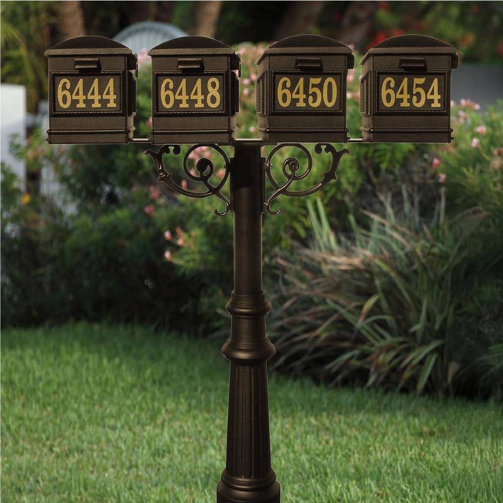 HPWS4-800-LM-BRZ The Hanford Rust Free Cast Aluminum Quad Mailbox Post System with Fluted Base, 4 Lewiston Mailboxes, Ships in 2 Boxes, Bronze