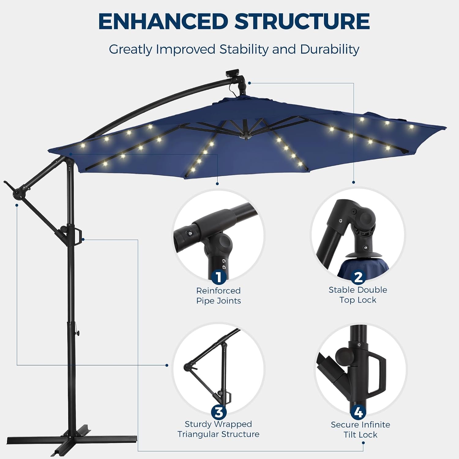HOMSHADE 10ft Solar Lights Offset Cantilever Patio Umbrella - with Light and Base, LED Lighted Offset Hanging Patio Outdoor Market Umbrella UPF50+ UV Protection with Easy Tilt and Crank (Navy Blue)