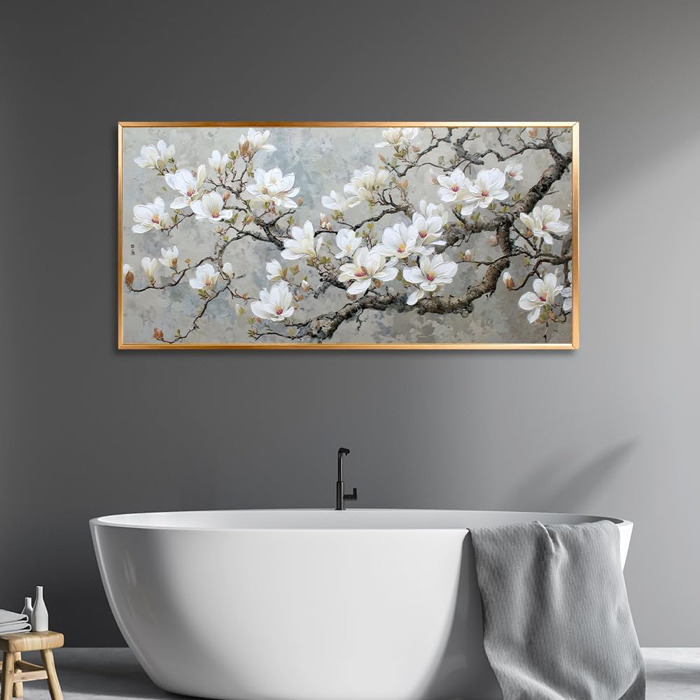 BewDalky Black Metal Framed Wall Art Flower Tree Canvas Print White Magnolia Blossom Picture Nature Landscape Painting Floral Artwork for Living Room Bedroom Home Office Farmhouse Decor 24' x 46'