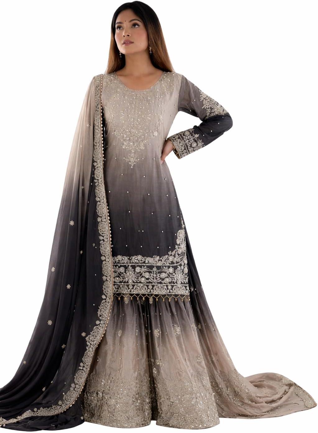 Flora Worlds Women's Chinon Silk Sequence With Rivet Moti Work Straight Kurta With Sharara and Dupatta Set