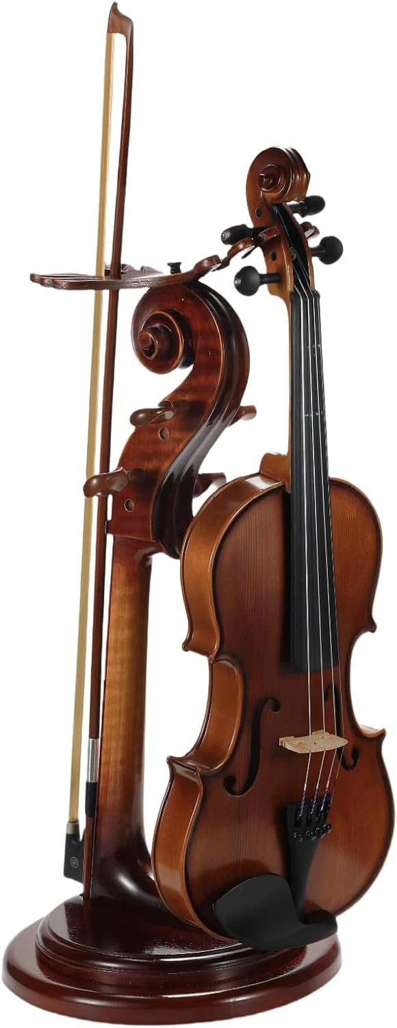 Solid Wood Violin Stand with Bow Holder - No Assembly Needed, Heavy-Duty 4/4 Size Display, Handcrafted Cut-Out Design for Home/Studio/Stage
