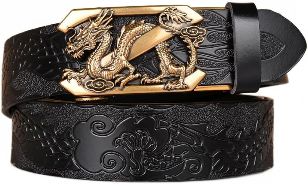 Mens Ratchet Leather Belt, Genuine Leather belts, Engraved Vintage Dragon Eagle Tiger Buckle, Business leisure belt