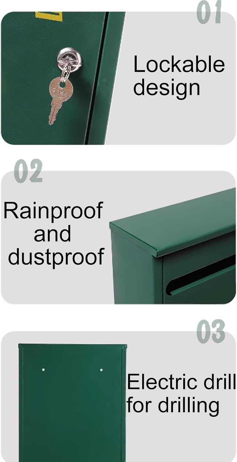 Security Mailboxes for Outside,Locking Wall Mount,Large Capacity Metal Postbox for Outdoor,10 x 4 x 14 Inches