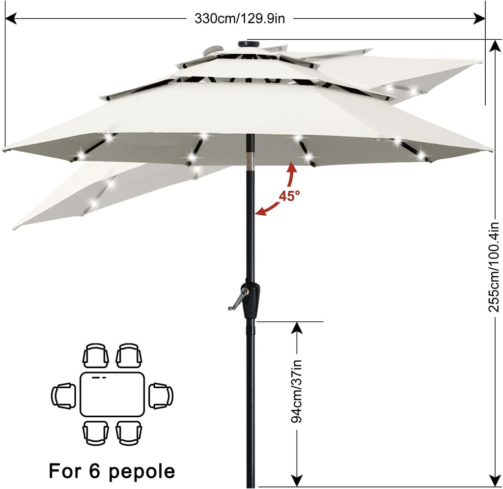 ABCCANOPY 3-Tiers 11FT Solar Patio Umbrella, Outdoor Umbrella with 32 LED Lights for for Deck, Pool, Garden, Backyard (Light Beige)