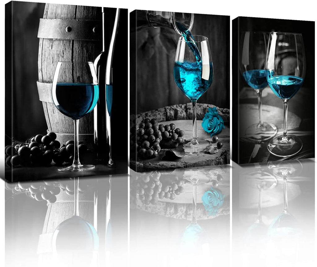 Teal Wine Dining Room Wall Decor Black and Blue Pictures Wall Art for Living Room Glass Goblet Canvas Paintings Home Decorations 16x24 Contemporary Turquoise Kitchen Bedroom Prints Posters 3 Pieces