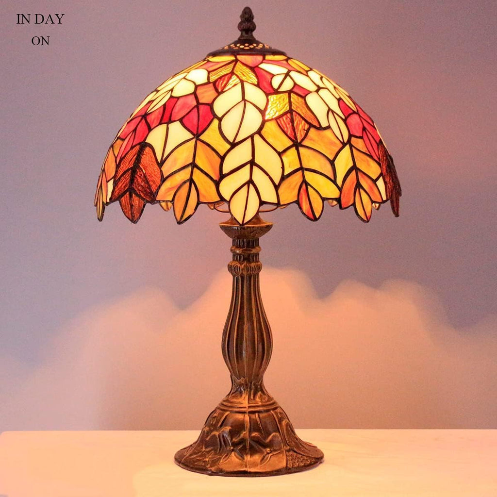 WERFACTORY Tiffany Table Lamp Stained Glass Style Maple Leaf Bedside Lamp Desk Reading Light 12X12X18 Inches Decor Bedroom Living Room Home Office S804 Series