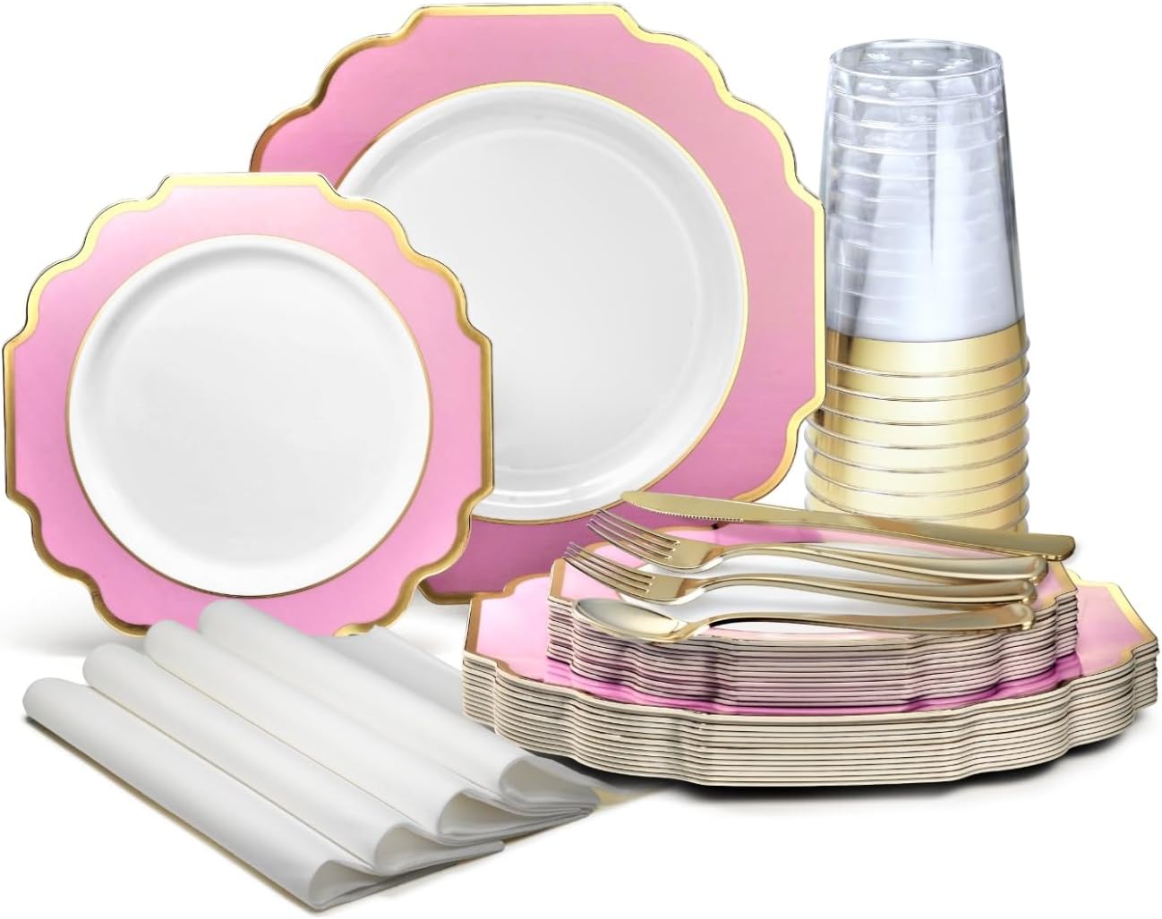 ' OCCASIONS ' 960 Piece set (120 Guests)-Heavyweight Wedding Party Disposable Plastic Plate Set - 120 x 10.5'' + 120 x 8'' + Silverware + Cups + Napkins (Imperial in Rose Pink & Gold)