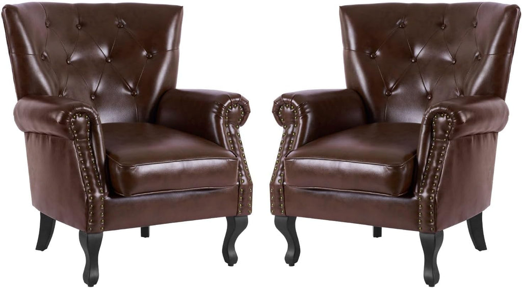MOJAY PU Leather Accent Chair Set of 2, Mid-Century Modern Armchair Living Room Club Chair with Tufted Button & Rivet Trim, Upholstered Sofa Chair with Sturdy Wood Legs for Bedroom (Reddish Brown)