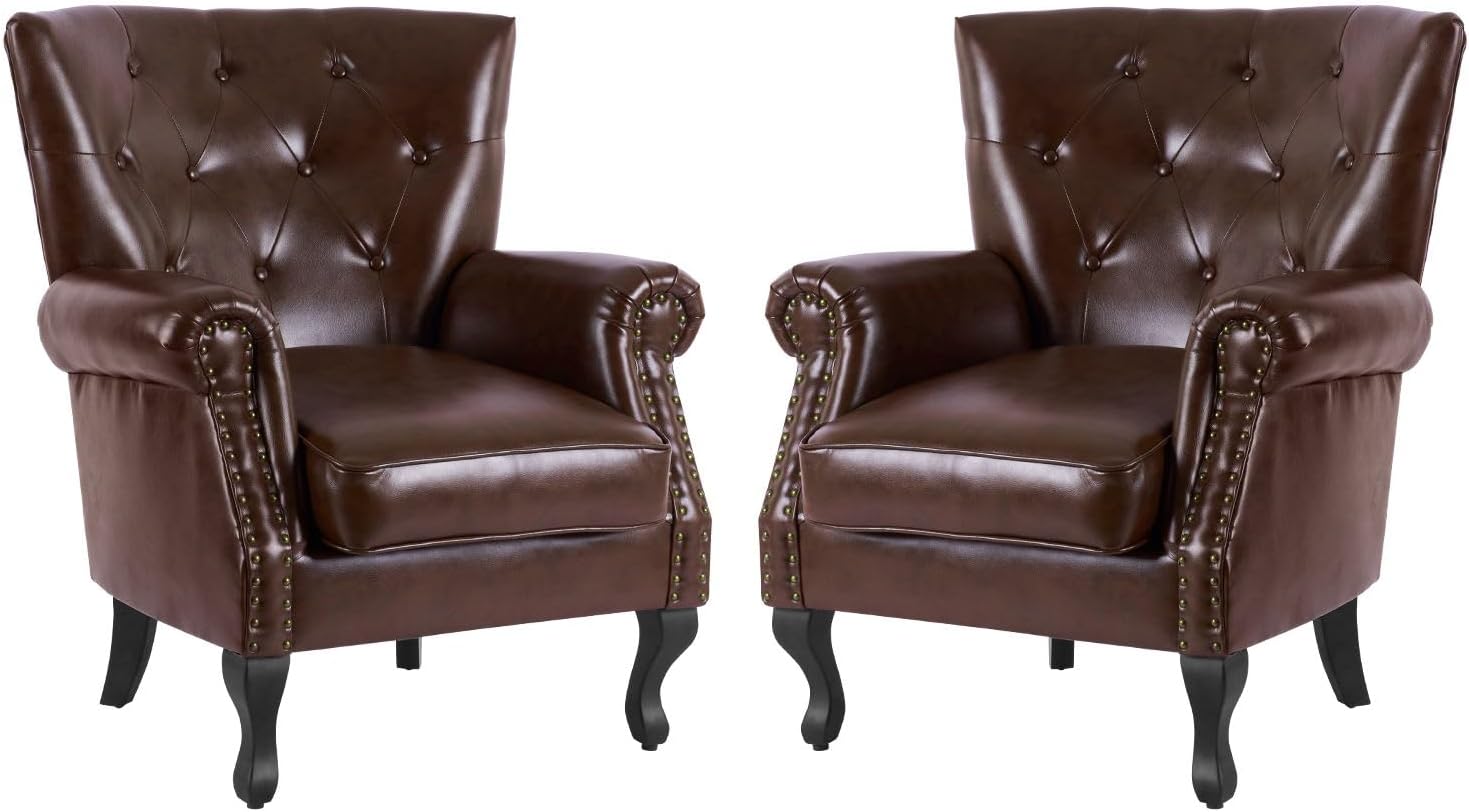 MOJAY PU Leather Accent Chair Set of 2, Mid-Century Modern Armchair Living Room Club Chair with Tufted Button & Rivet Trim, Upholstered Sofa Chair with Sturdy Wood Legs for Bedroom (Reddish Brown)