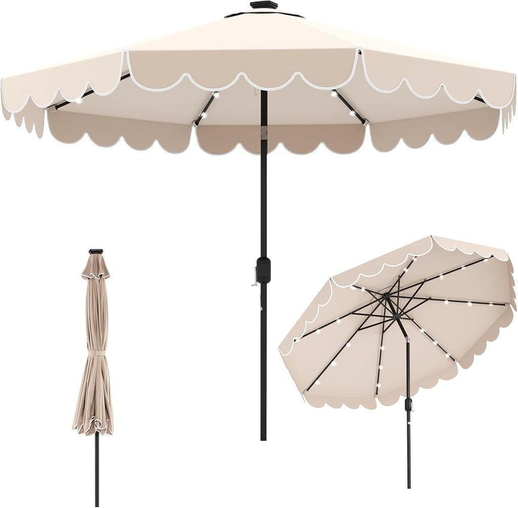 Tangkula 10FT Solar LED Patio Umbrella, 2-Tiers Scalloped Outdoor Table Market Umbrella with 24 LED Lights, Vented Top, Tilt Adjustment, Crank, 8 Ribs for Backyard Poolside Deck Beach Lawn (Beige)