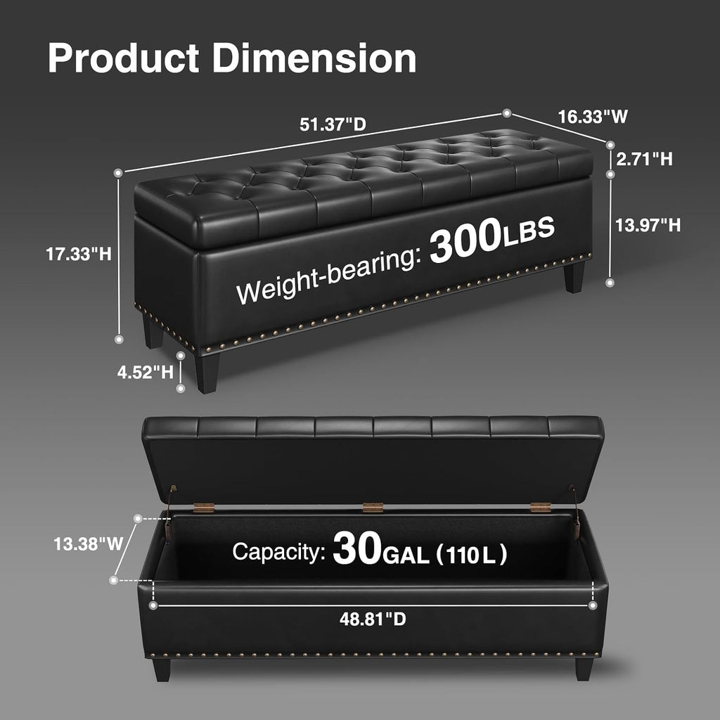 FiveWillowise Storage Ottoman Bench,51-Inch Large Storage Bench for Bedroom End of Bed, 30 Gallons Faux Leather Ottoman with Storage for Bedroom, Living Room, Entryway, Black