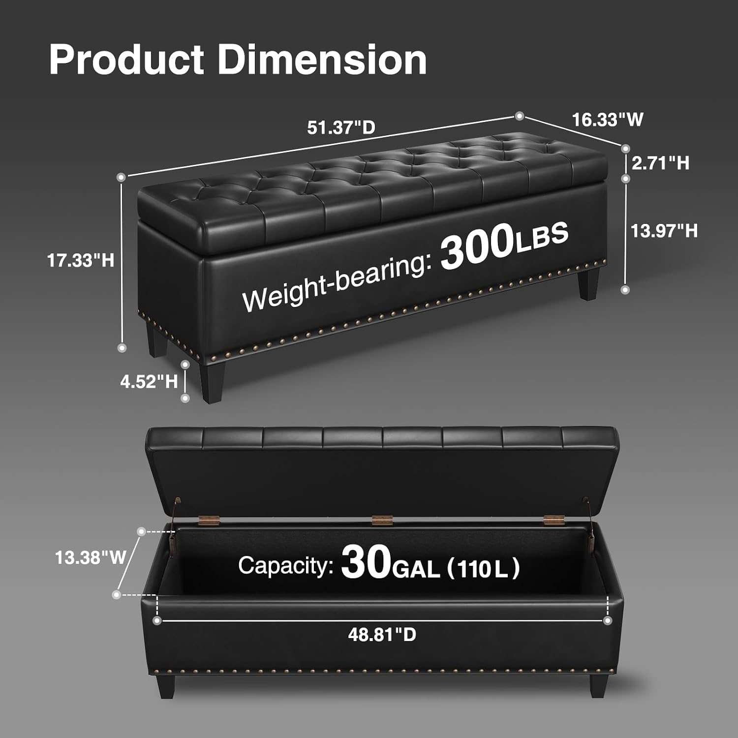 FiveWillowise Storage Ottoman Bench,51-Inch Large Storage Bench for Bedroom End of Bed, 30 Gallons Faux Leather Ottoman with Storage for Bedroom, Living Room, Entryway, Black
