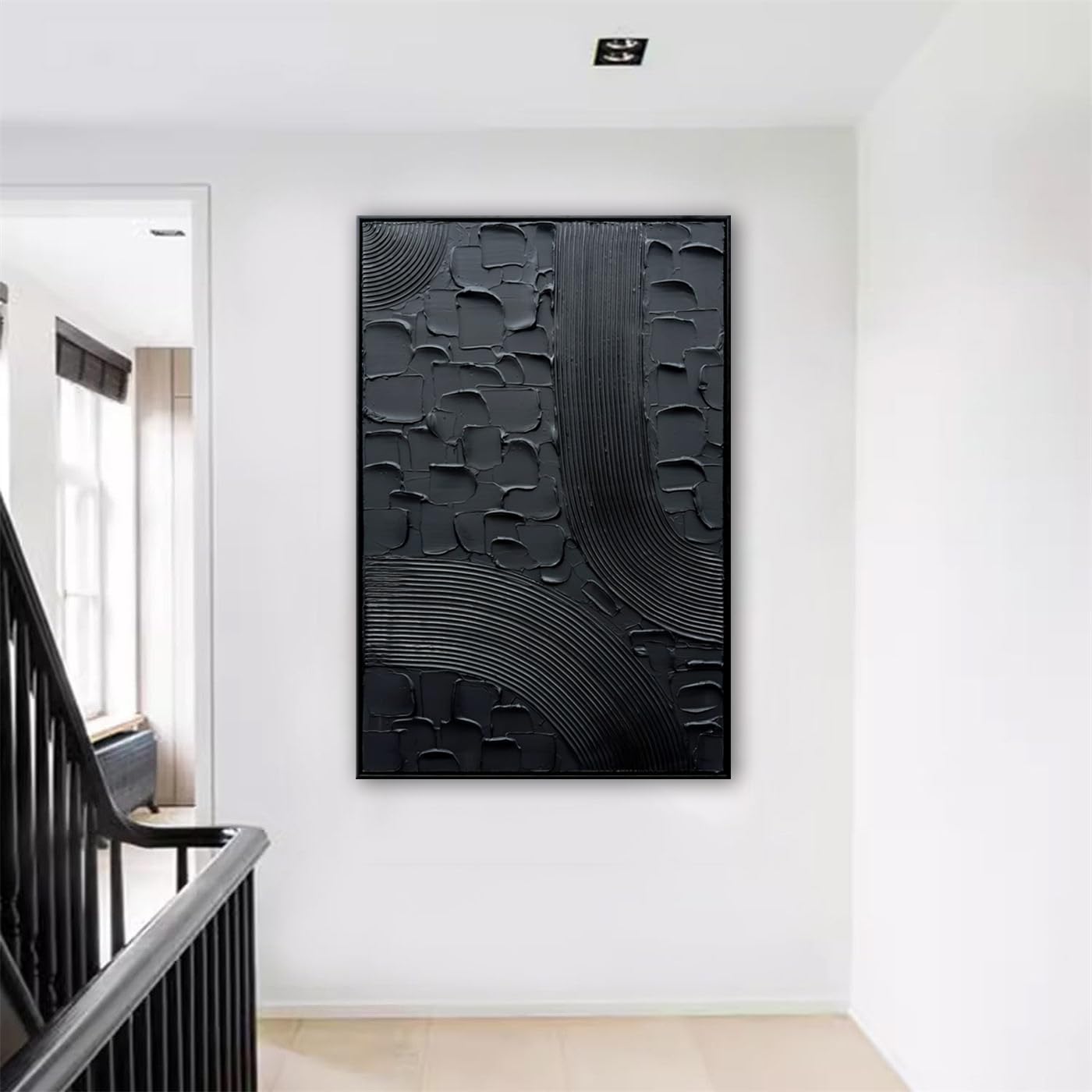 Slyart Black Textured Abstract Wall Art, Hand Painted Contemporary Minimalist Art Oil Painting, 24'x36' Framed Thick Texture Canvas Home Wall Art