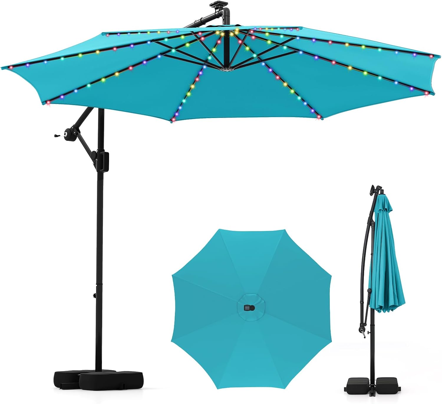 Tangkula 10 FT Solar Patio Umbrella with Base Included, Cantilever Offset Hanging Outdoor Umbrella with 96 Multi-Colored Flowing LED Lights, 9 Modes, Tilt Adjustment, 360° Rotation, Crank for Pool Yard Deck Lawn (Turquoise)