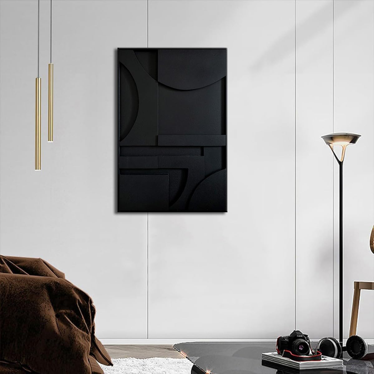 Slyart 3D Black Textured Plaster Wall Art, Handmade Contemporary Art Abstract Geometric Relief Painting, Framed Thick Texture Vertical Wall Art 24x36 Inch