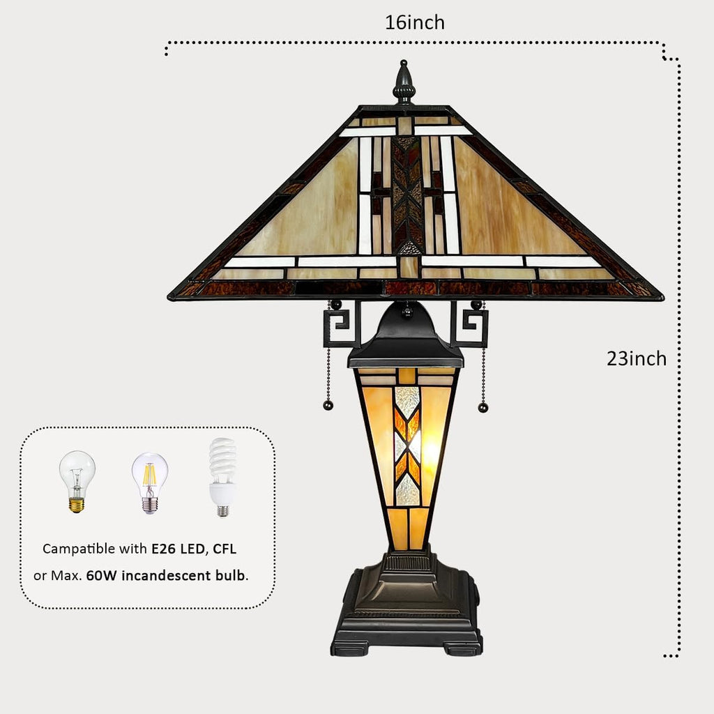 Tiffany Table Lamps with Nightlight,16' Wide Handmade Stained Glass Desk Lamp for Reading,3-Lights Mission Style Antique Nightstand Light for Living Room Bedroom Office