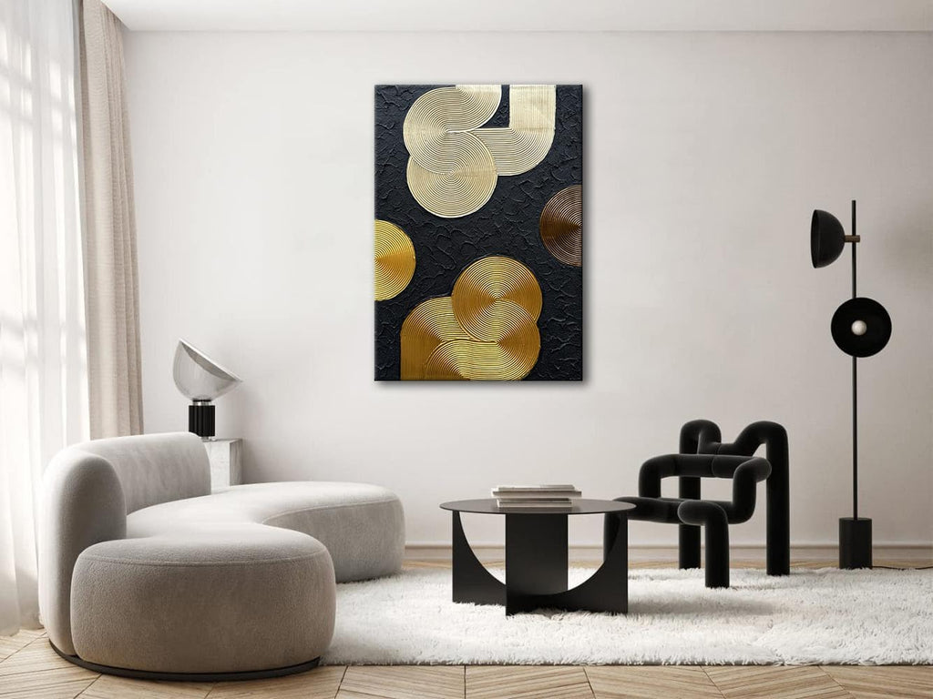Slyart Black and Gold Texture Wall Art, Handmade 3D Arch Painting, 28'x40' Large Abstract Canvas Wall Art for Living Room