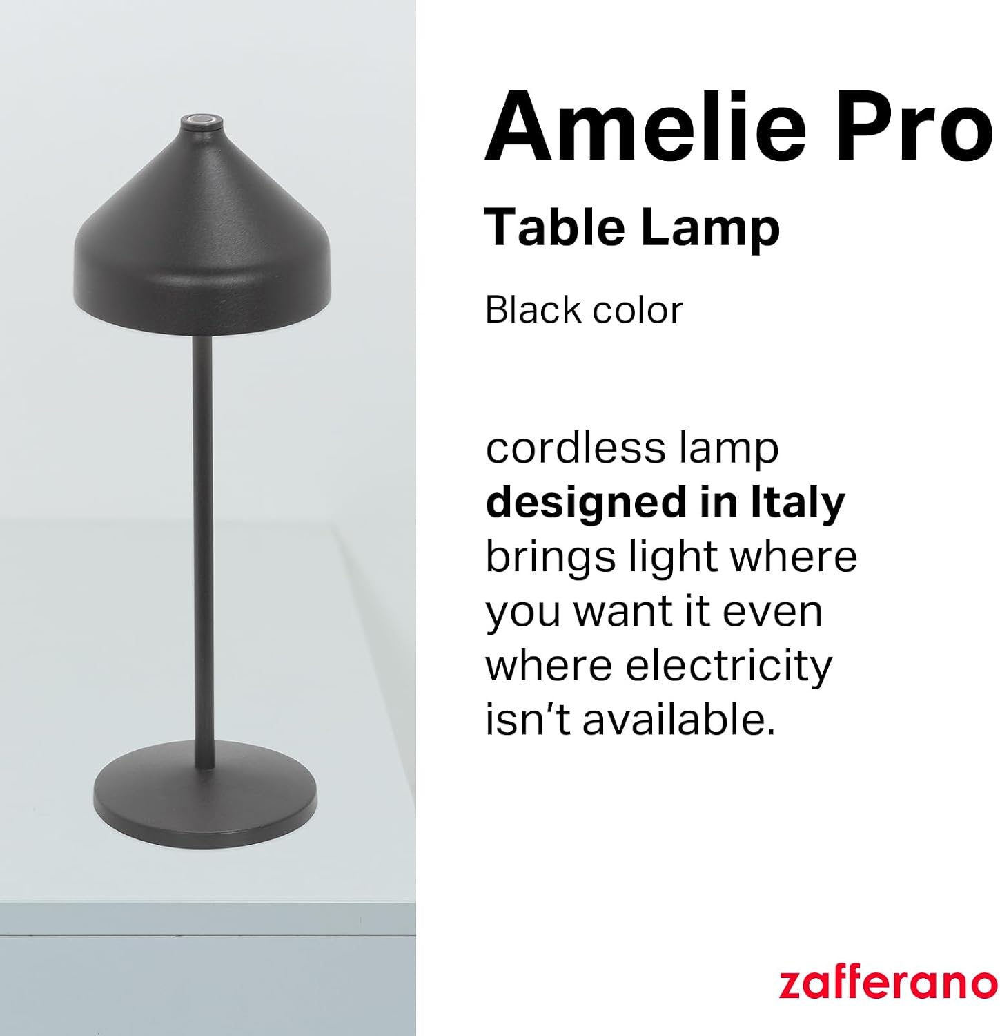 Zafferano, Amelie Pro Lamp, Rechargeable Cordless Table Lamp with Touch Control, Suitable for Indoor and Outdoor, Dimmer, 2200-3000 K, Height 13.4 Inches, Black Color