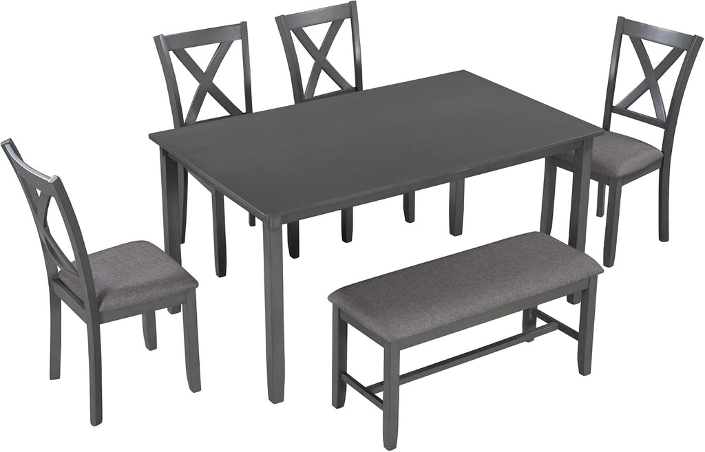 6-Piece Dining Room Table Set, Rustic Farmhouse Wood Dining Table Set with Rectangular Table 4 Upholstered Padded Chairs and 1 Padded Bench, Dining Set for Family of 4-6 People (Grey)