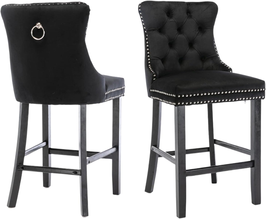 Elegant Velvet Bar Stools Set of 2,Delicate Upholstered Counter Height Barstool with Backrest,Wooden Legs Design for Kitchen Islands & Pubs（Black）