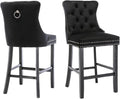 Elegant Velvet Bar Stools Set of 2,Delicate Upholstered Counter Height Barstool with Backrest,Wooden Legs Design for Kitchen Islands & Pubs（Black）