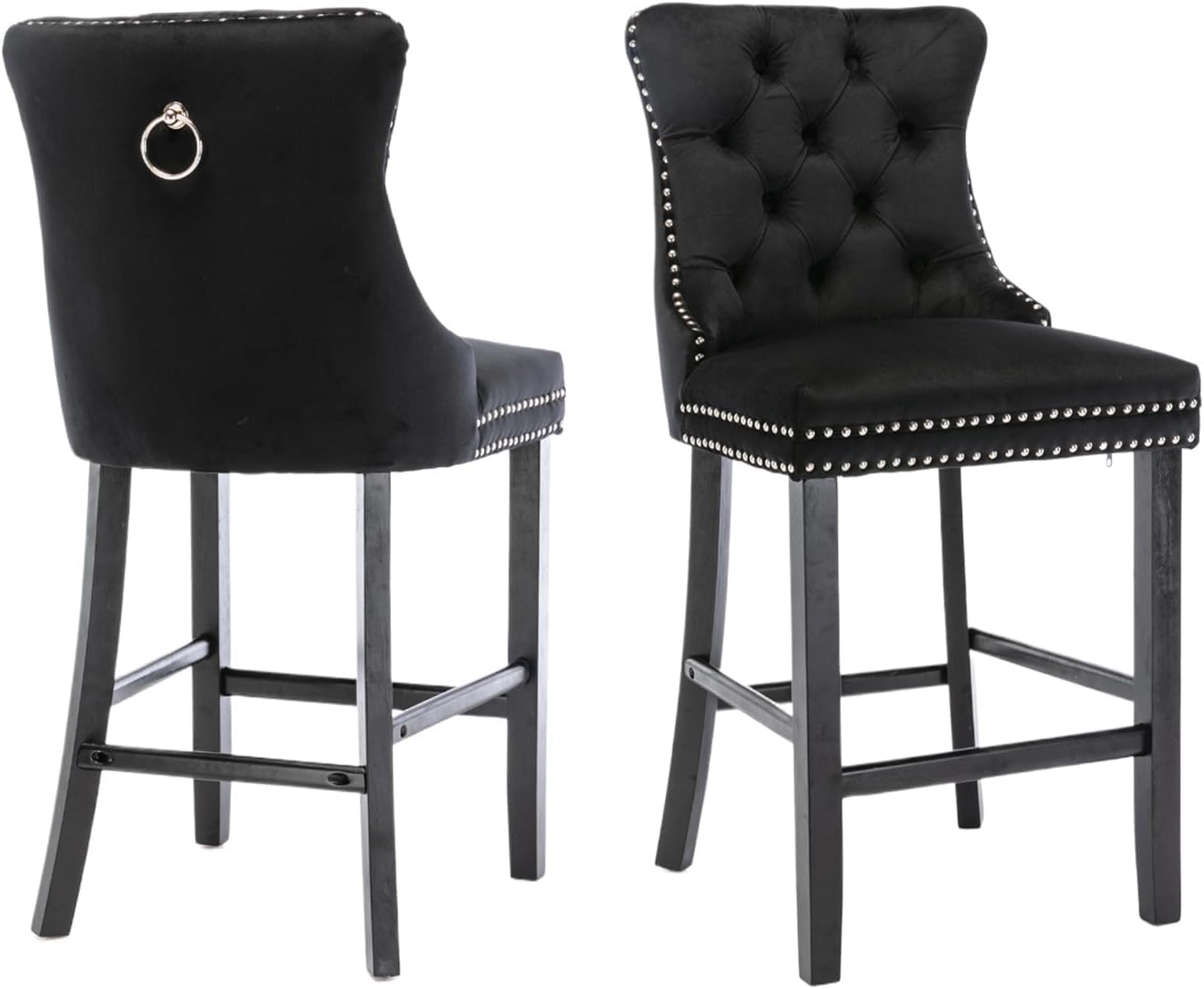 Elegant Velvet Bar Stools Set of 2,Delicate Upholstered Counter Height Barstool with Backrest,Wooden Legs Design for Kitchen Islands & Pubs（Black）