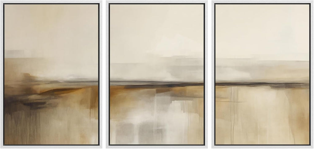SIGNFORD Framed Canvas Print Wall Art Set Desert Haze Abstract Neutral Beige and Brown Illustrations Modern Art Relax/Calm for Living Room, Bedroom, Office - 16'x24'x3 White