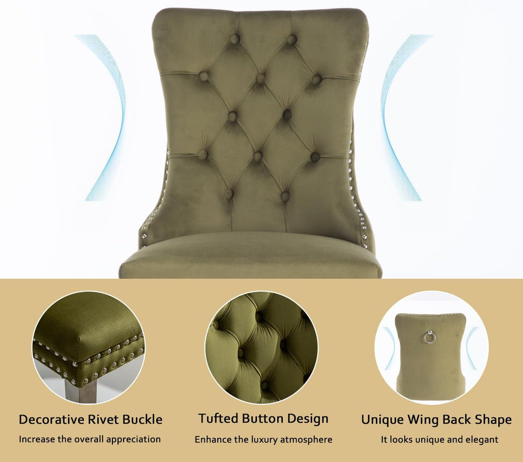 2 Piece Contemporary Velvet Upholstered Dining Chair with Chrome Stainless Steel Plating Legs, Nail Head Decro, Armless Tufted Dining Chair Fabric Dining Room Chair (Green&Silver, Set of 2)
