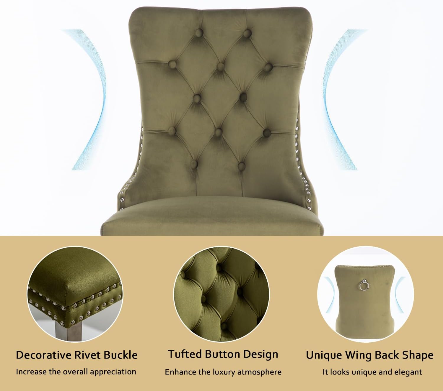 2 Piece Contemporary Velvet Upholstered Dining Chair with Chrome Stainless Steel Plating Legs, Nail Head Decro, Armless Tufted Dining Chair Fabric Dining Room Chair (Green&Silver, Set of 2)