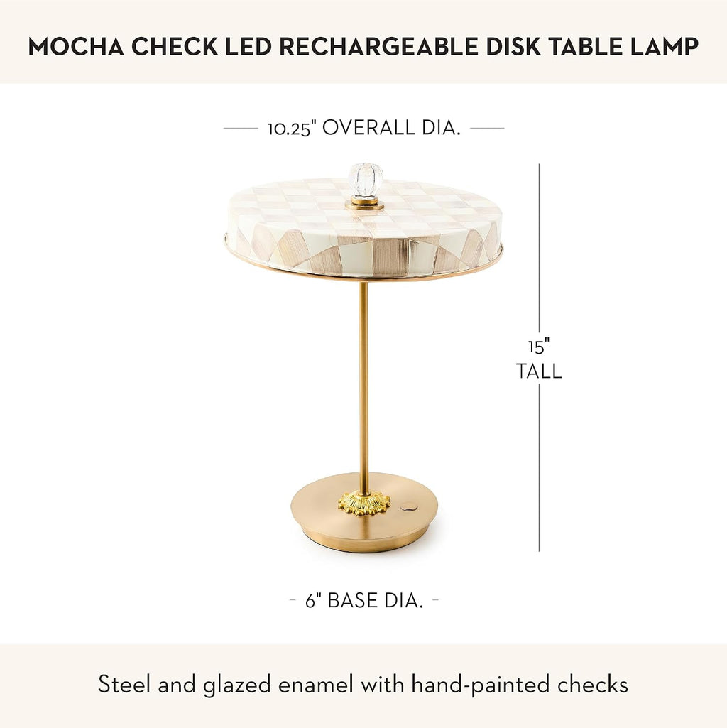 MACKENZIE-CHILDS LED Rechargeable Disk Table Lamp, Cordless Touch Lamp, Brown-and-White Mocha Check