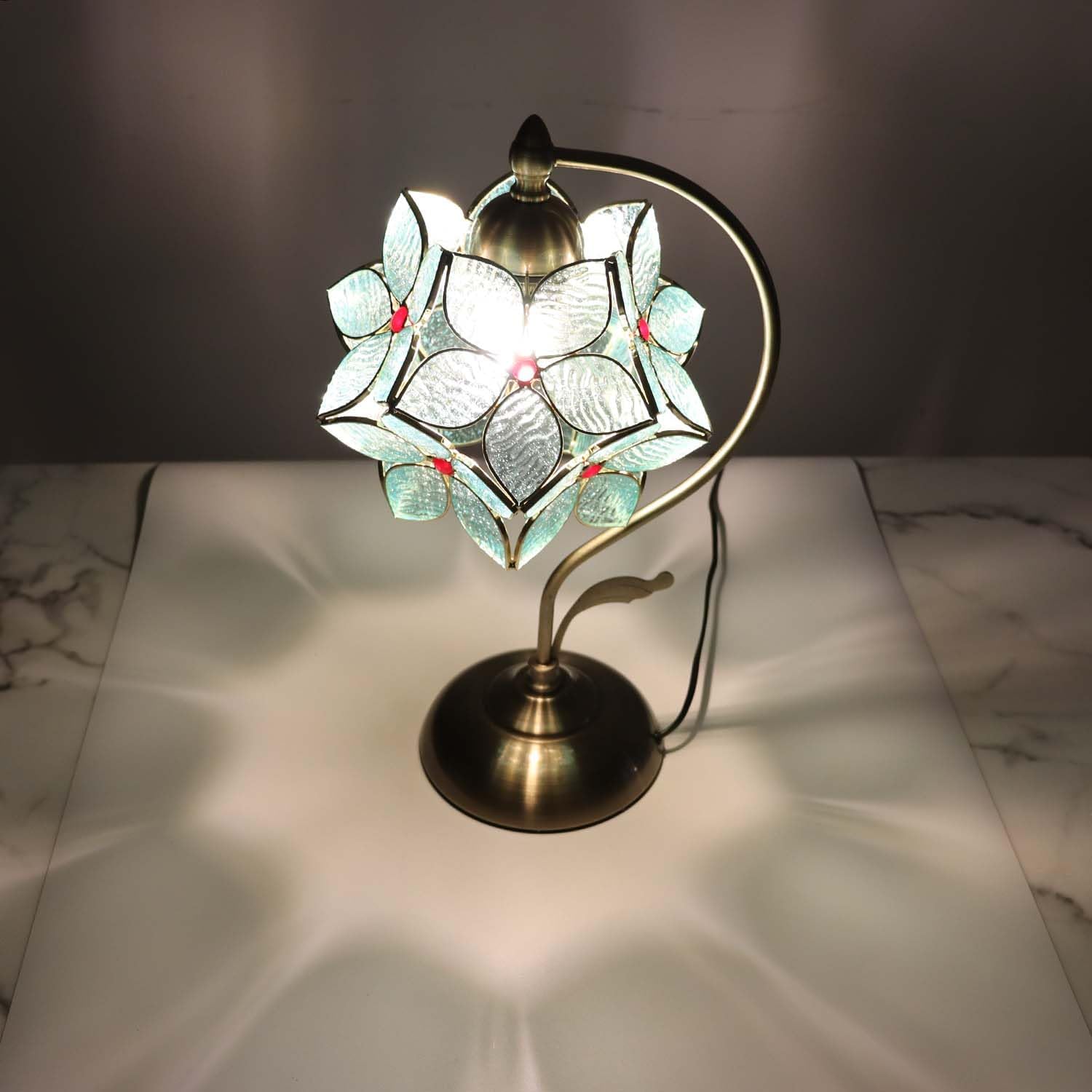 Bieye L10932 Tiffany Style Stained Glass Flower Petal Table Lamp with Brass Base for Home Décor (Light Blue, 8' Apple Blossom)