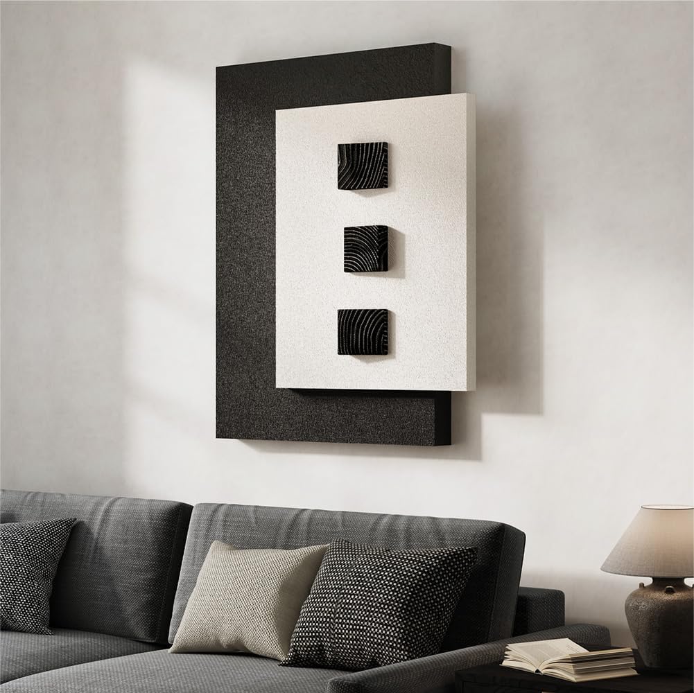 Cuspin Large 3D Wood Wall Art for Living Room, Minimalist Black and White Wooden Blocks Artwork for Walls, Modern Textured Paintings Wall Decor for Bedroom Dining Room Office Hallways
